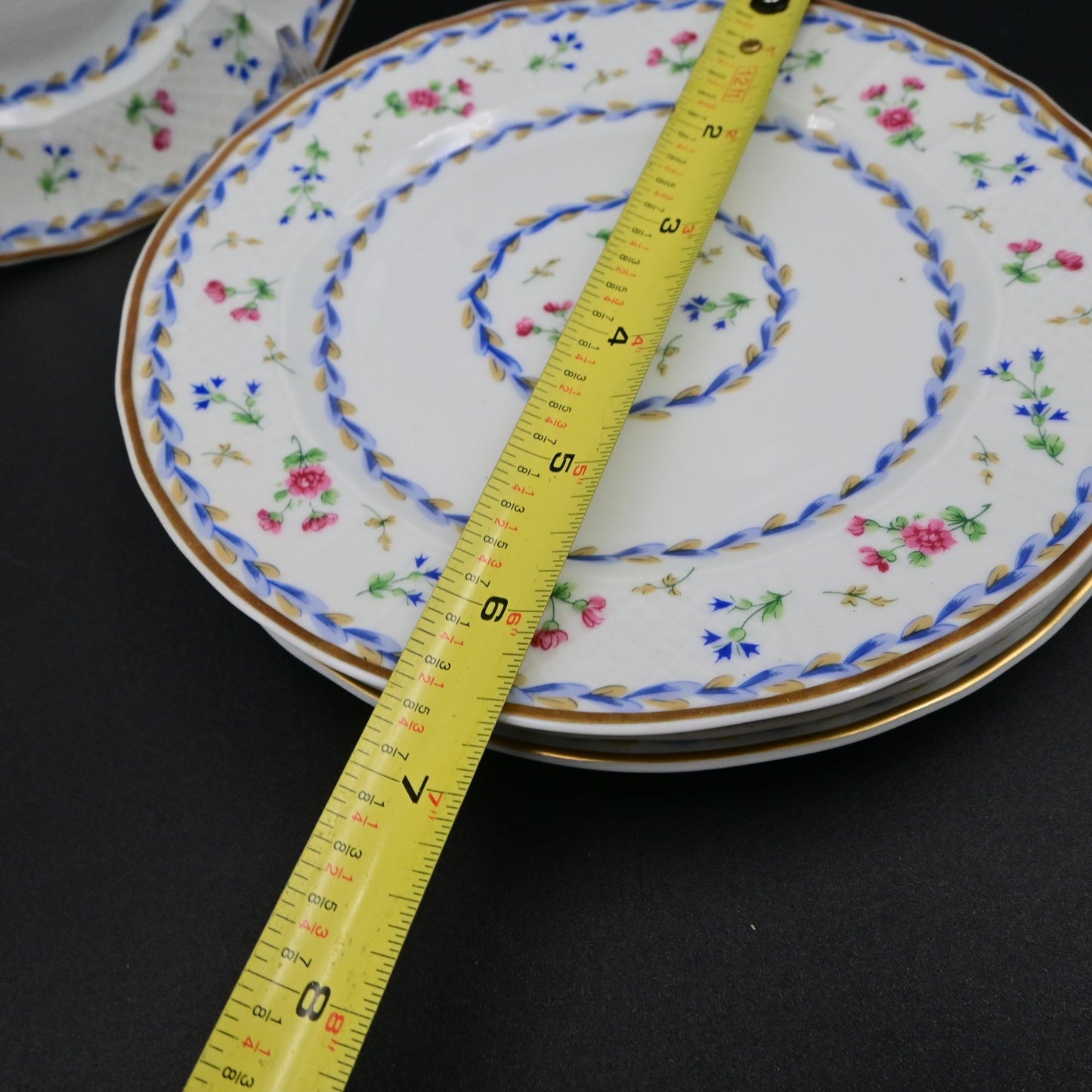 Bernardaud Limoges Artois Bleu Porcelain Dessert Plates Set Of 4 Floral Pattern Gold Rim 6.5"