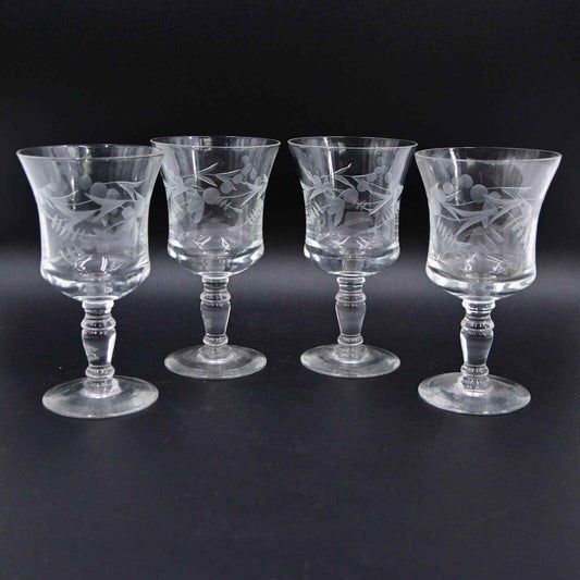 Vintage Etched Leaf And Berry Water Goblets Set Of 4