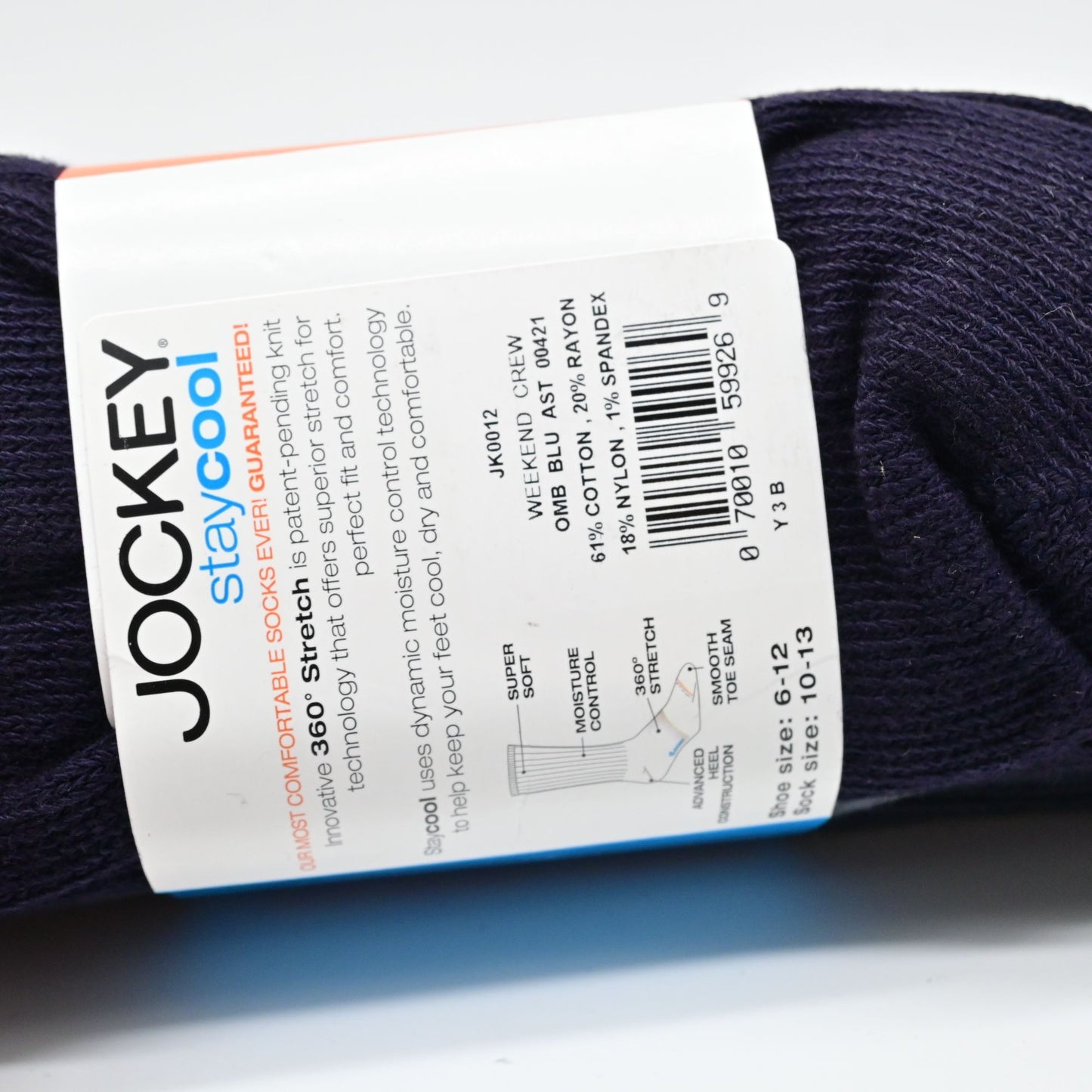 Jockey Stay Cool Black Crew Socks Size 6-12 Moisture Control