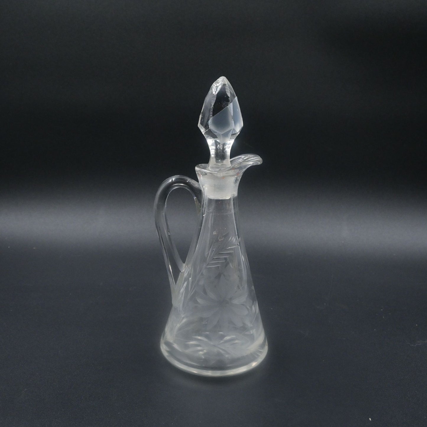 Etched  Crystal Cruet Bottle with Faceted Sphere Stopper