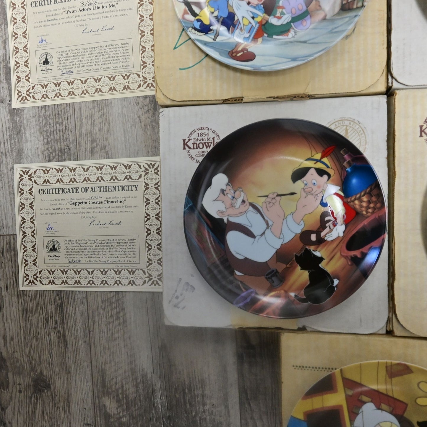 Vintage Disney Pinocchio Collectible 5 Knowles Painted Plates With Boxes & COAs Vintage