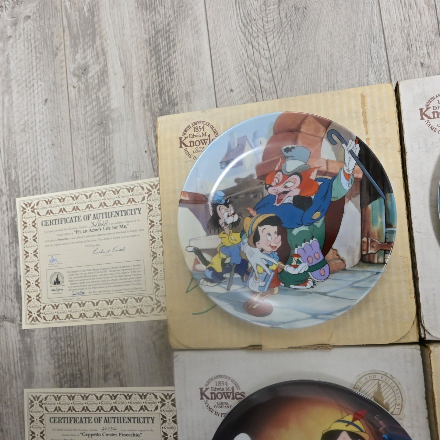 Vintage Disney Pinocchio Collectible 5 Knowles Painted Plates With Boxes & COAs Vintage