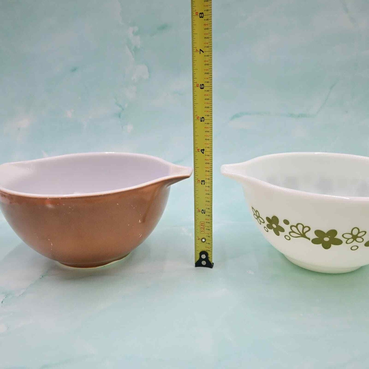 Vintage Pyrex Cinderella Green Daisy And Brown Pyrex Mixing  Bowls
