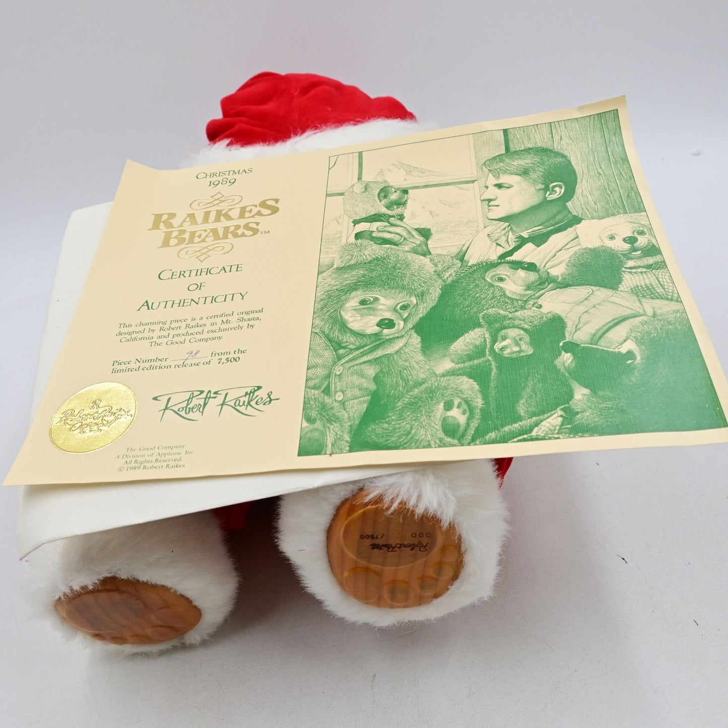 Robert Raikes Bear 1989 Raikes Wood Face Santa Bear Christmas 16” Vintage