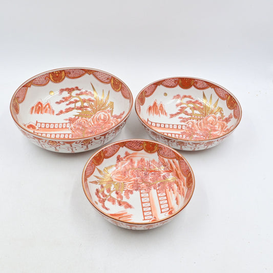 Kutani Ware Porcelain Bowl Set of 3 Japanese Meiji Era