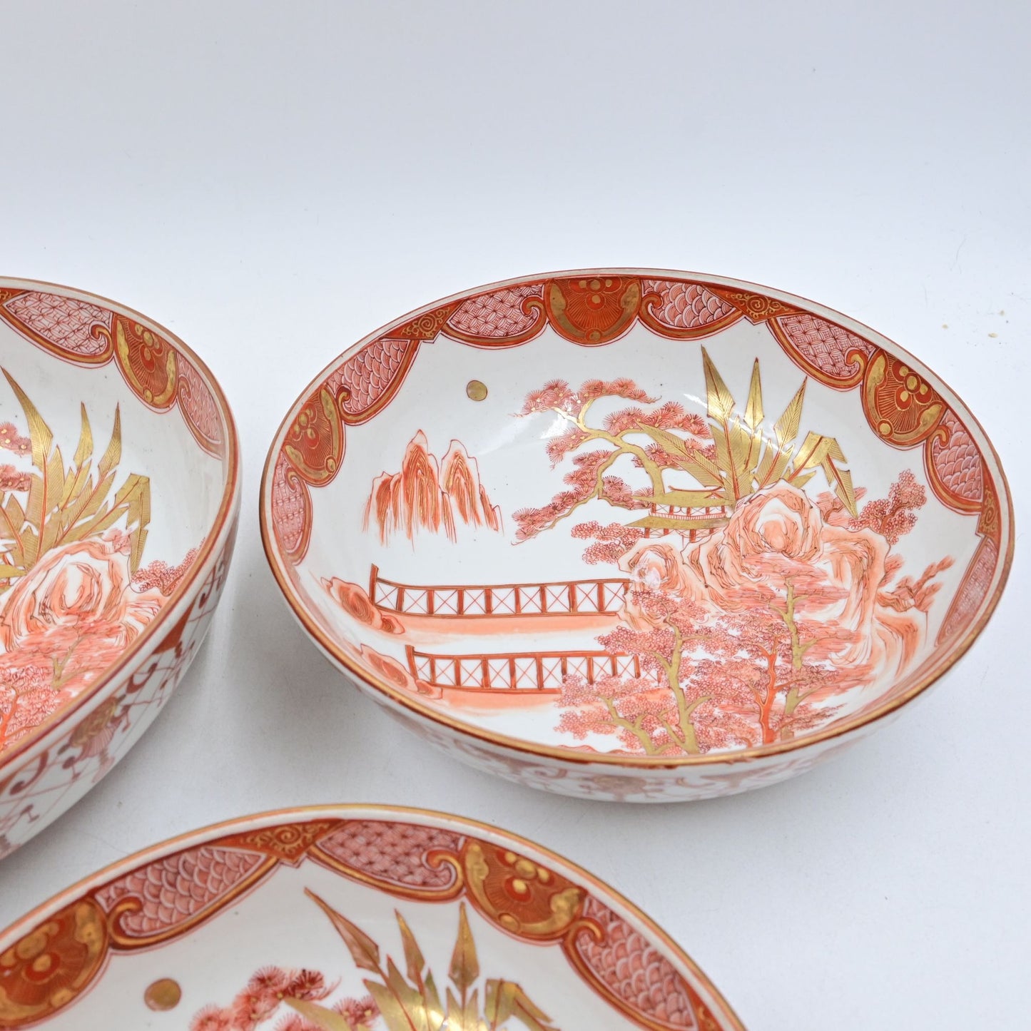 Kutani Ware Porcelain Bowl Set of 3 Japanese Meiji Era