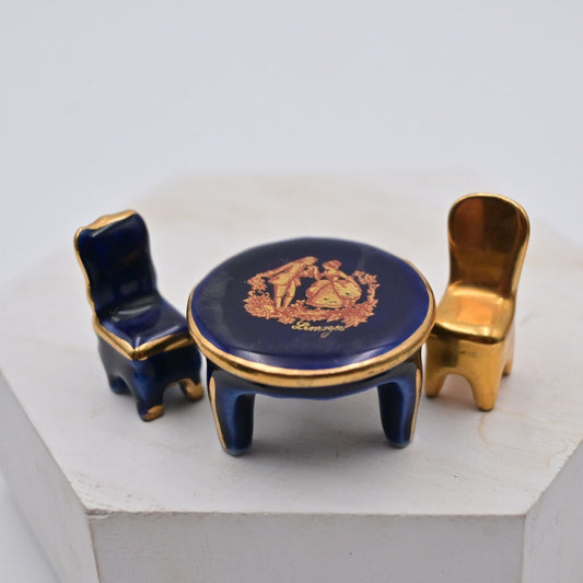 Vintage Limoges Cobalt Blue Table And With 2 Chairs Dollhouse Furniture Figure