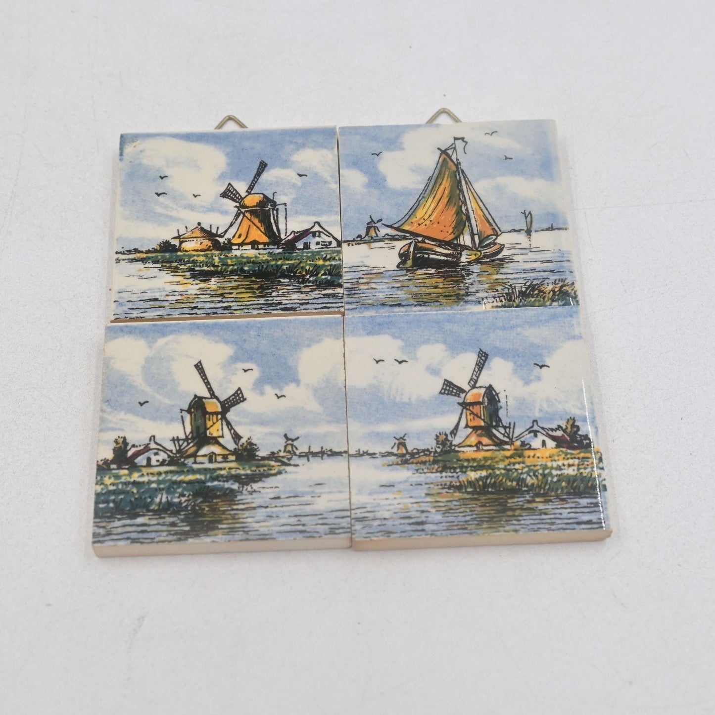 Polychrome Delft Ceramic Tile Trivet Windmill Sailboat River Scene Vintage 2x2