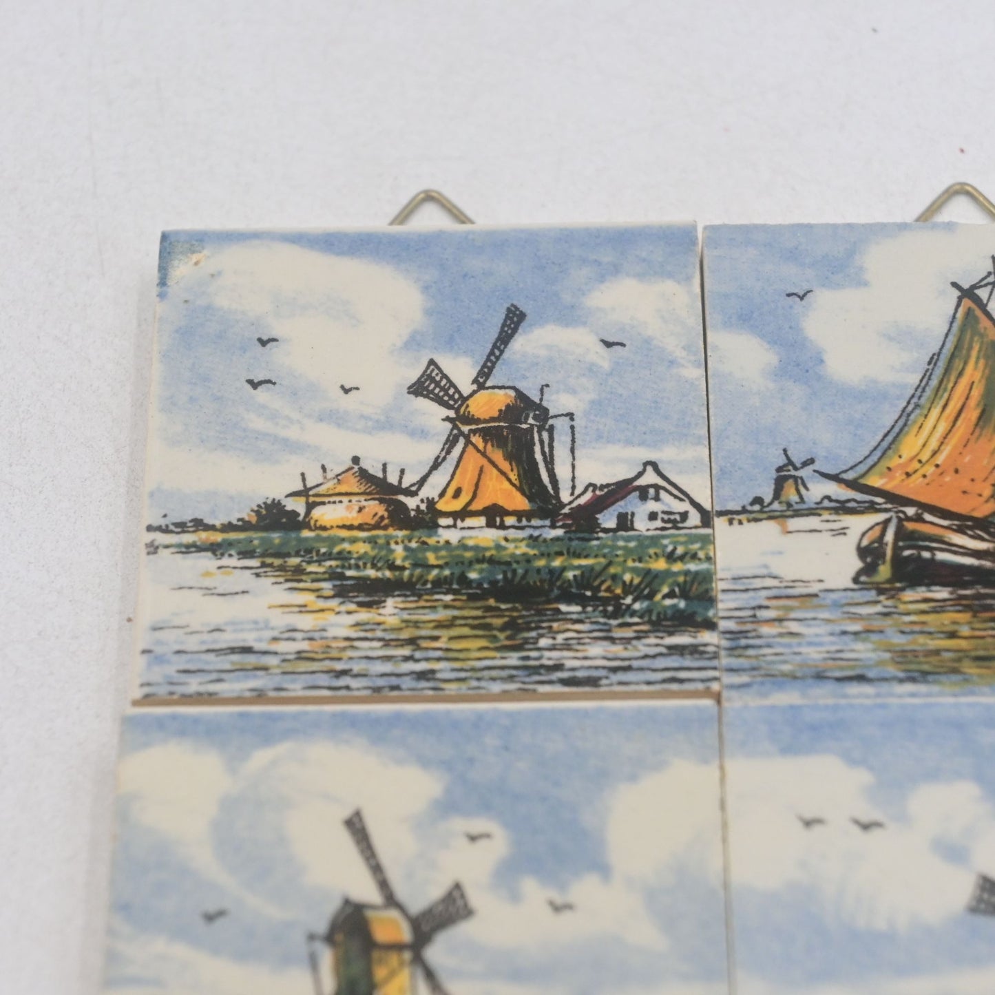 Polychrome Delft Ceramic Tile Trivet Windmill Sailboat River Scene Vintage 2x2