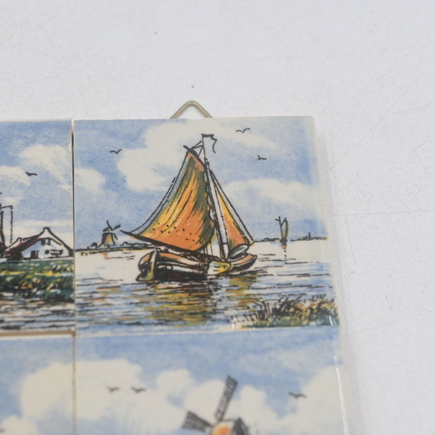 Polychrome Delft Ceramic Tile Trivet Windmill Sailboat River Scene Vintage 2x2
