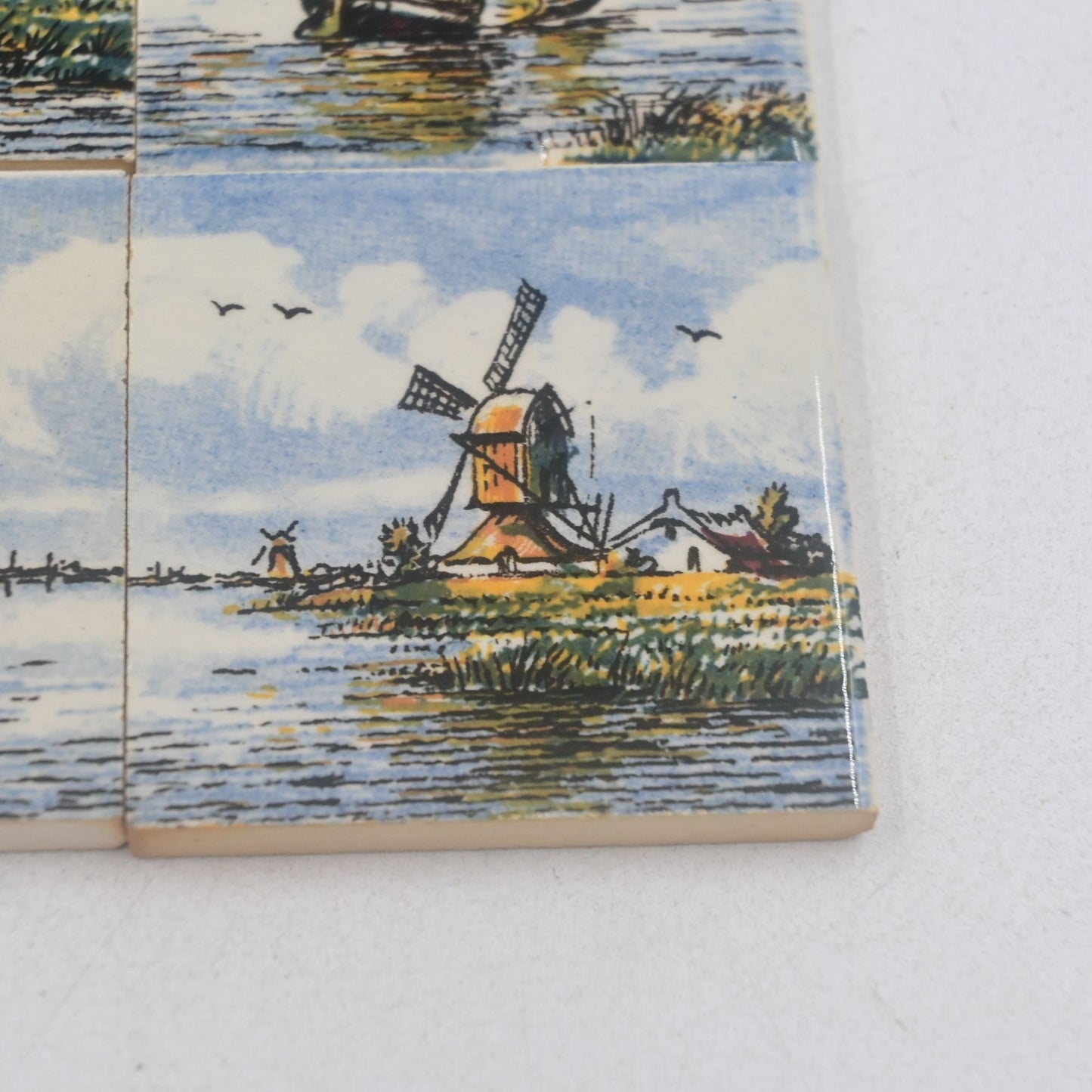 Polychrome Delft Ceramic Tile Trivet Windmill Sailboat River Scene Vintage 2x2