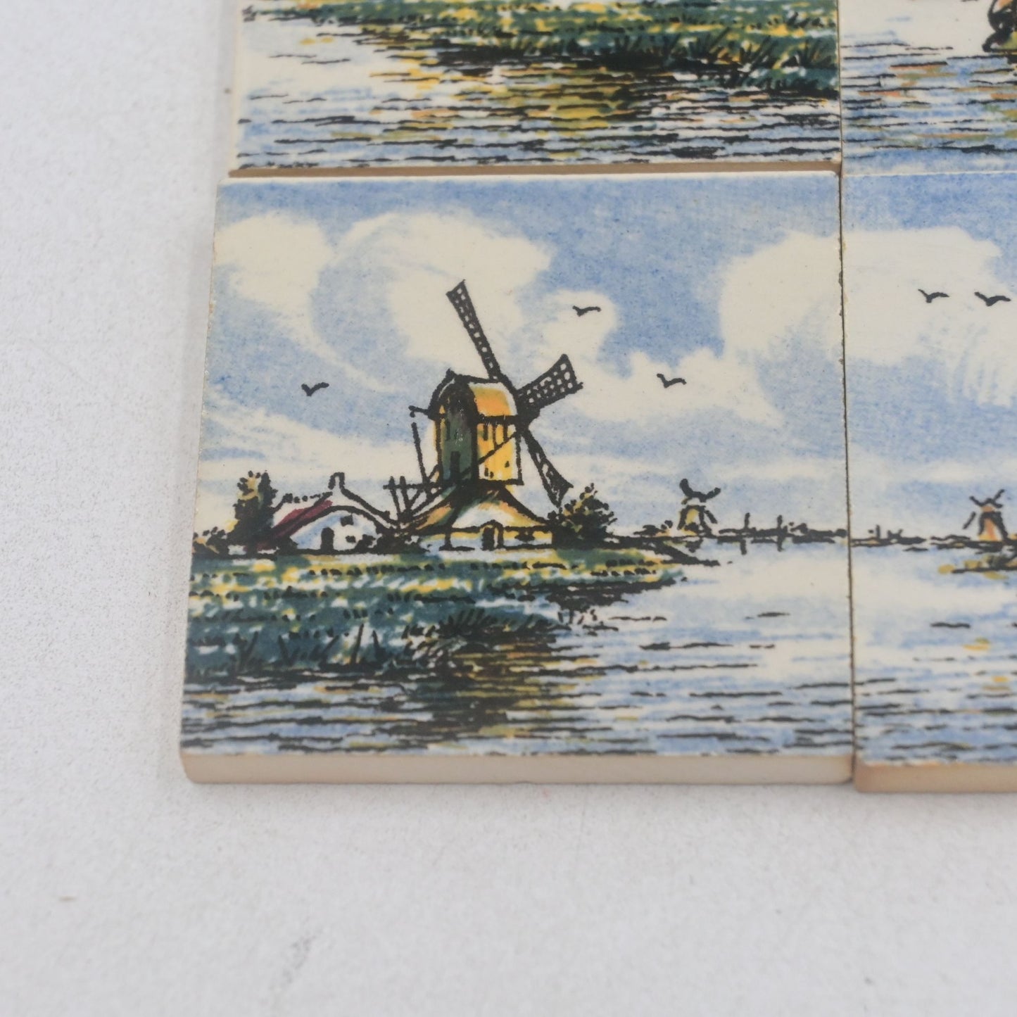 Polychrome Delft Ceramic Tile Trivet Windmill Sailboat River Scene Vintage 2x2