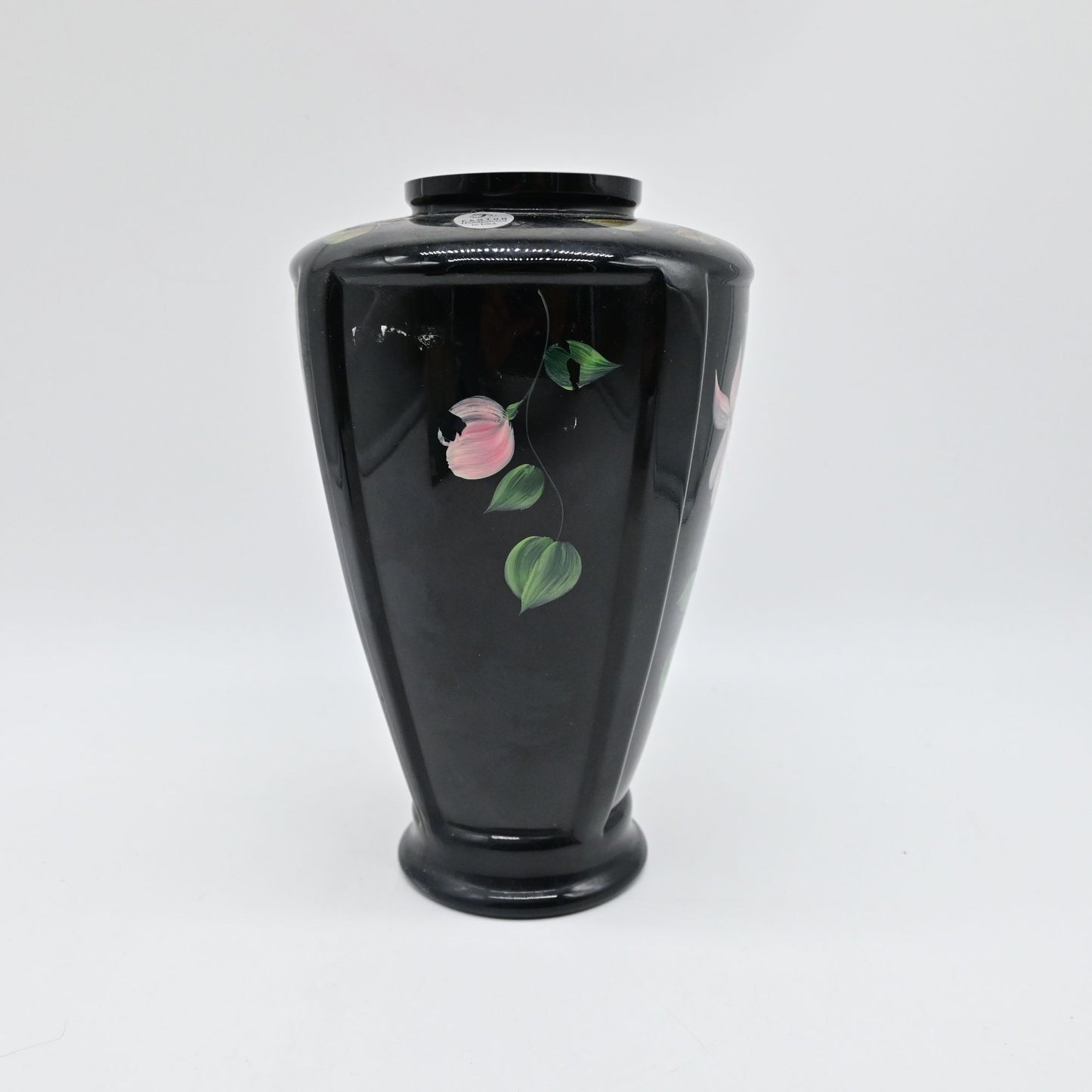 Fenton Black Ebony Floral Hand Painted Paneled Vase