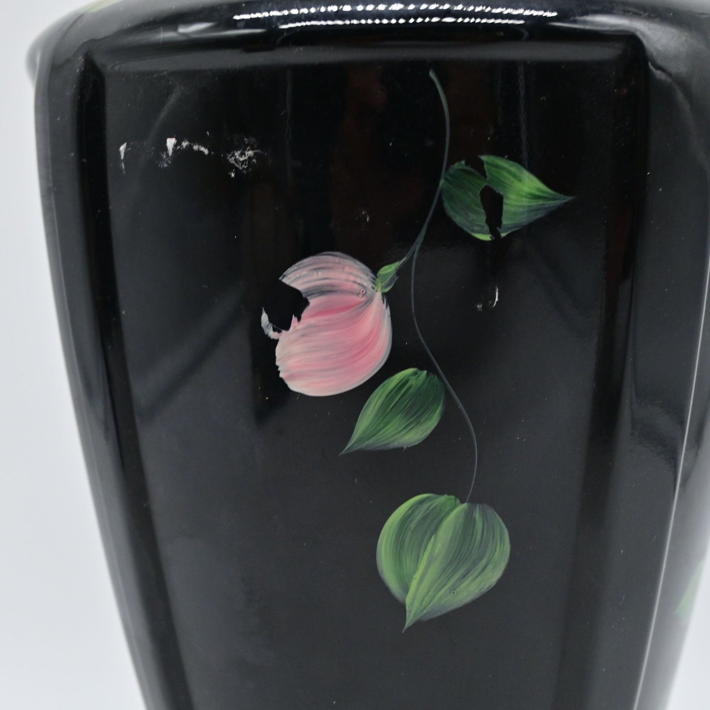 Fenton Black Ebony Floral Hand Painted Paneled Vase