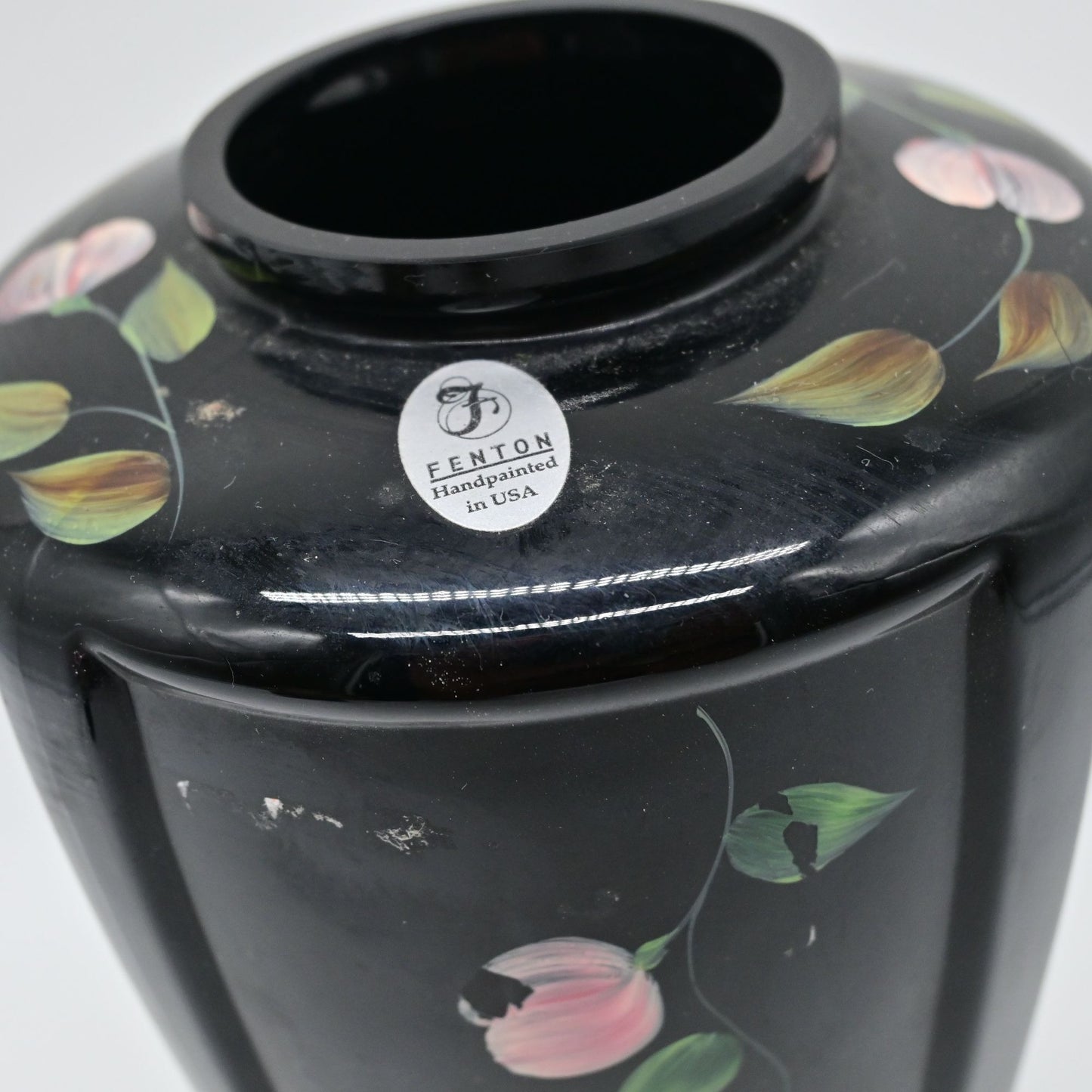 Fenton Black Ebony Floral Hand Painted Paneled Vase