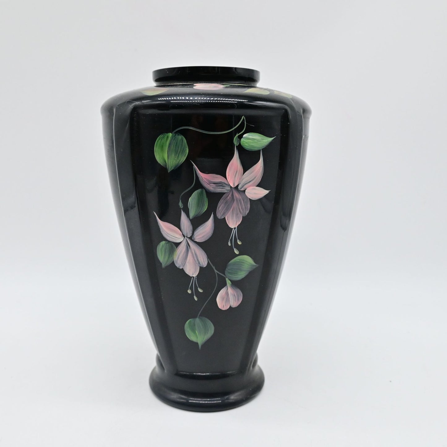 Fenton Black Ebony Floral Hand Painted Paneled Vase