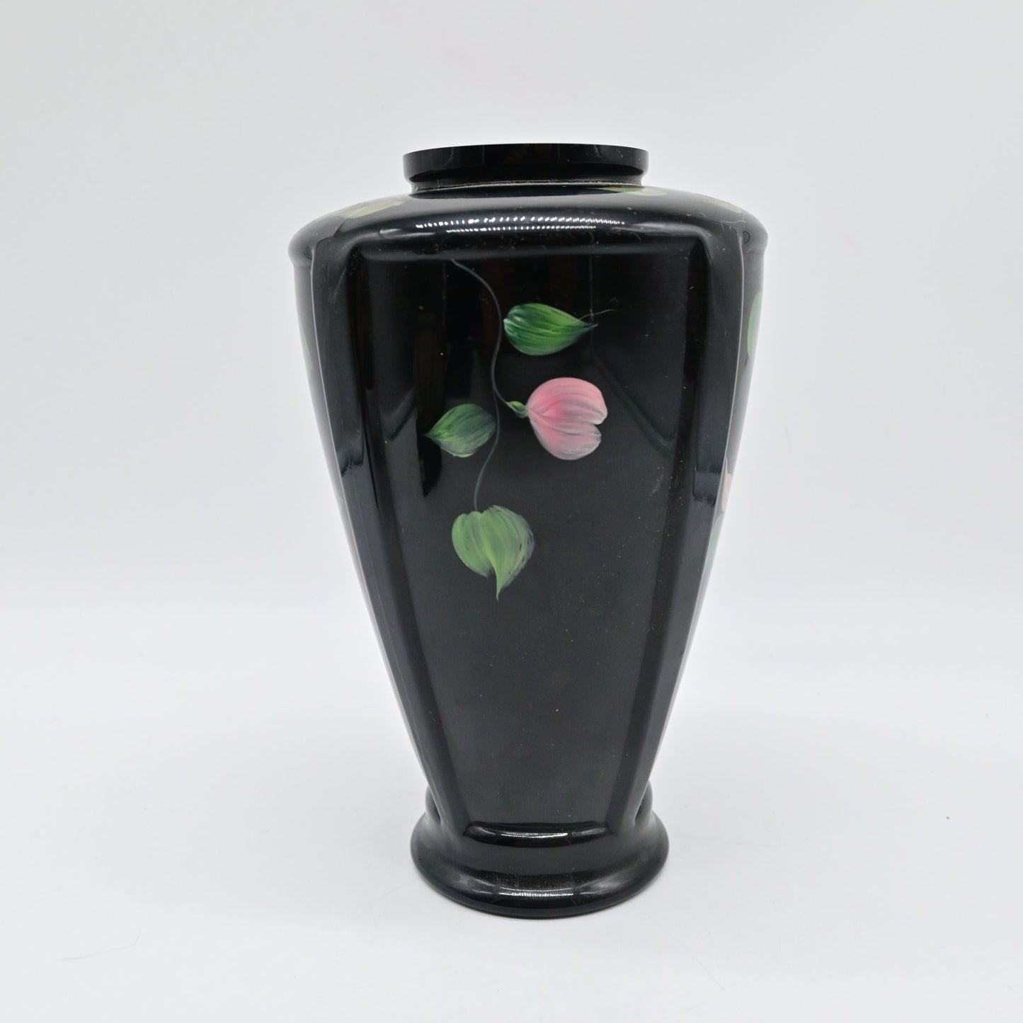 Fenton Black Ebony Floral Hand Painted Paneled Vase