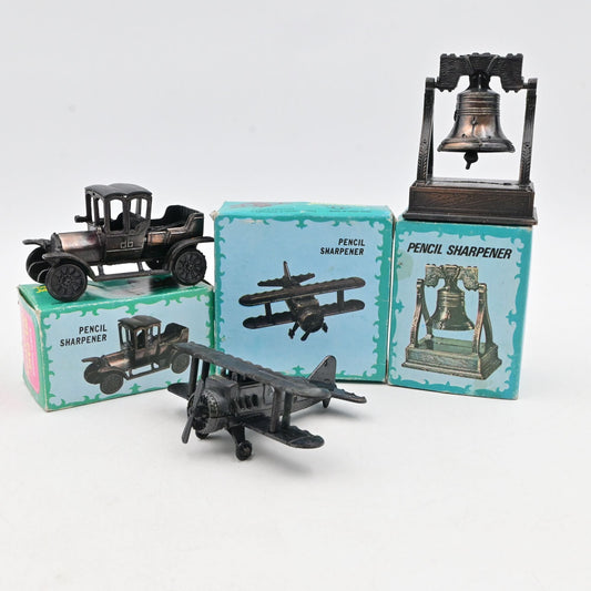 Vintage Diecast Pencil Sharpeners Set Of 3 Antique Car Airplane Liberty Bell
