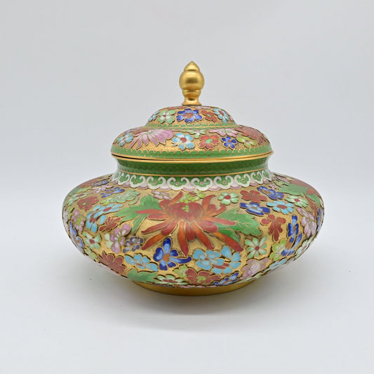Vintage Cloisonné Floral Ginger Jar With Lid Multicolor Enamel Brass Decorative