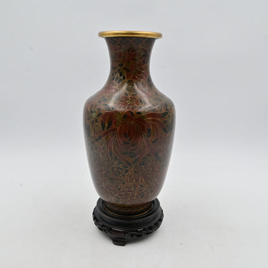 Chinese Cloisonne Brown Floral Enamel Vase W/ Stand