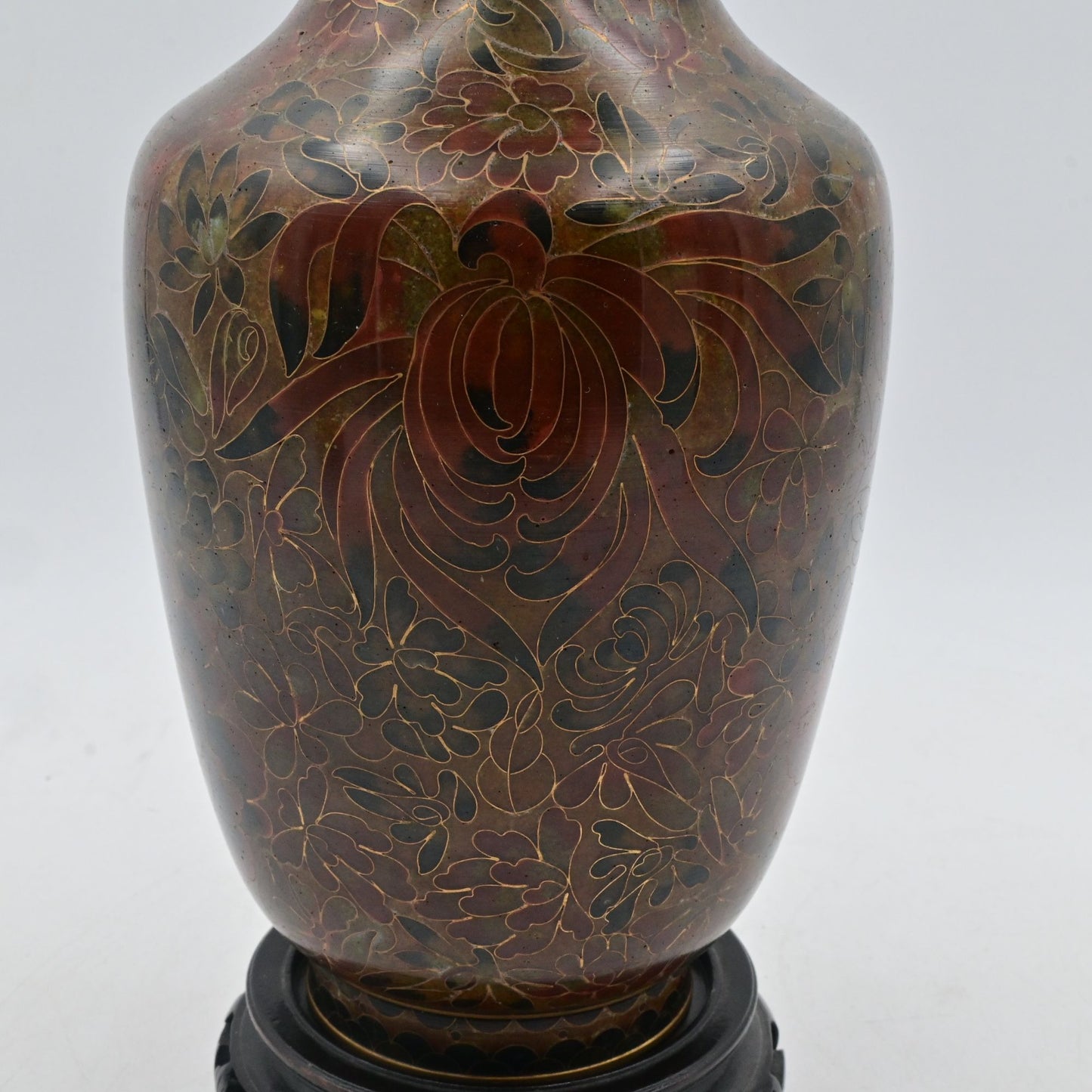 Chinese Cloisonne Brown Floral Enamel Vase W/ Stand