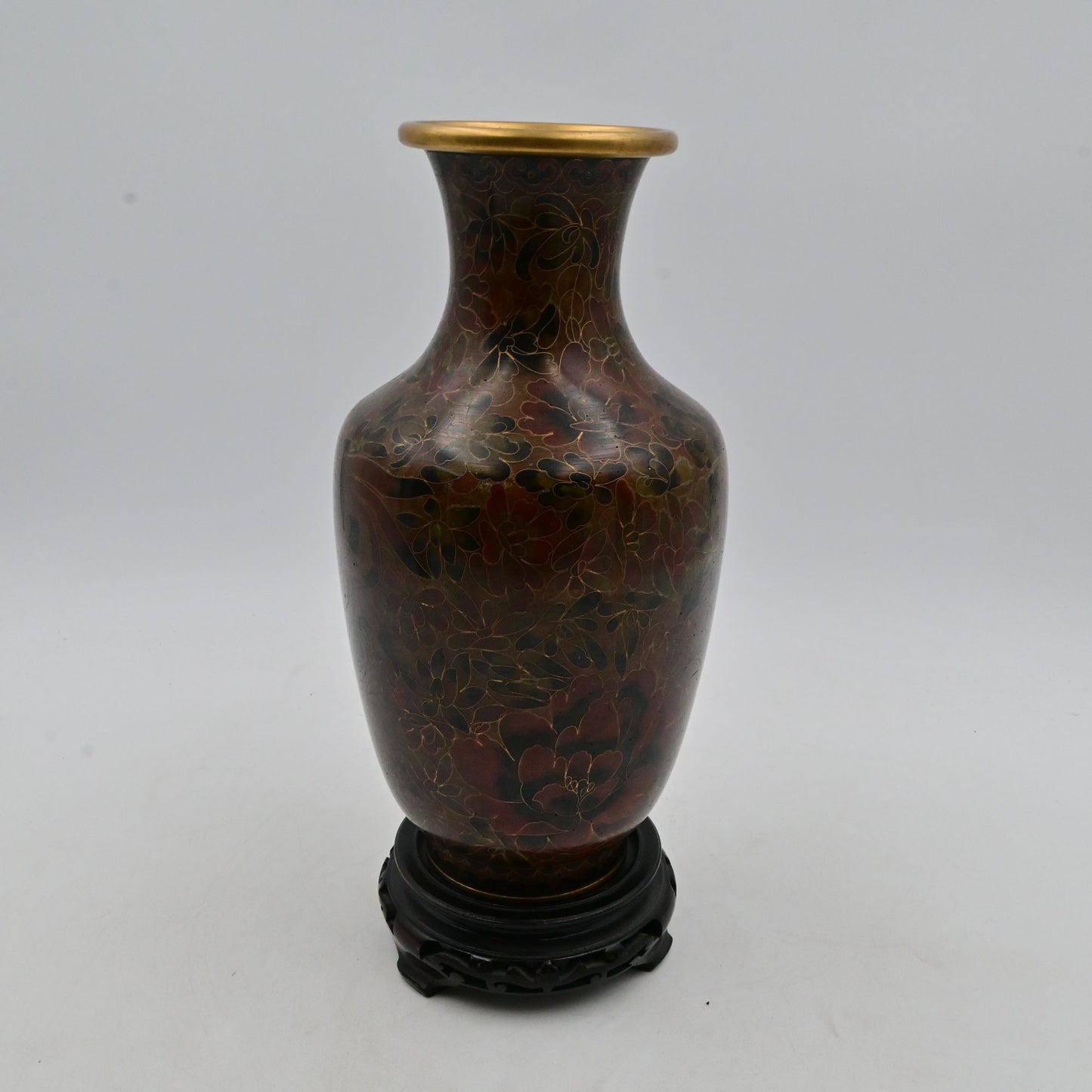 Chinese Cloisonne Brown Floral Enamel Vase W/ Stand