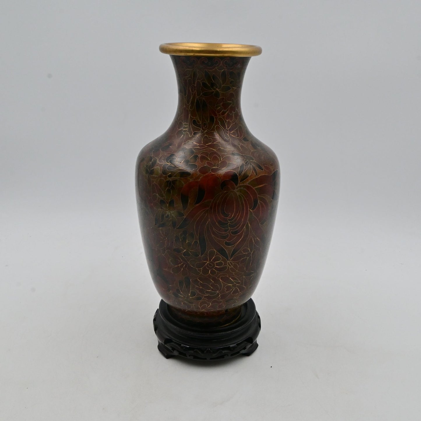 Chinese Cloisonne Brown Floral Enamel Vase W/ Stand