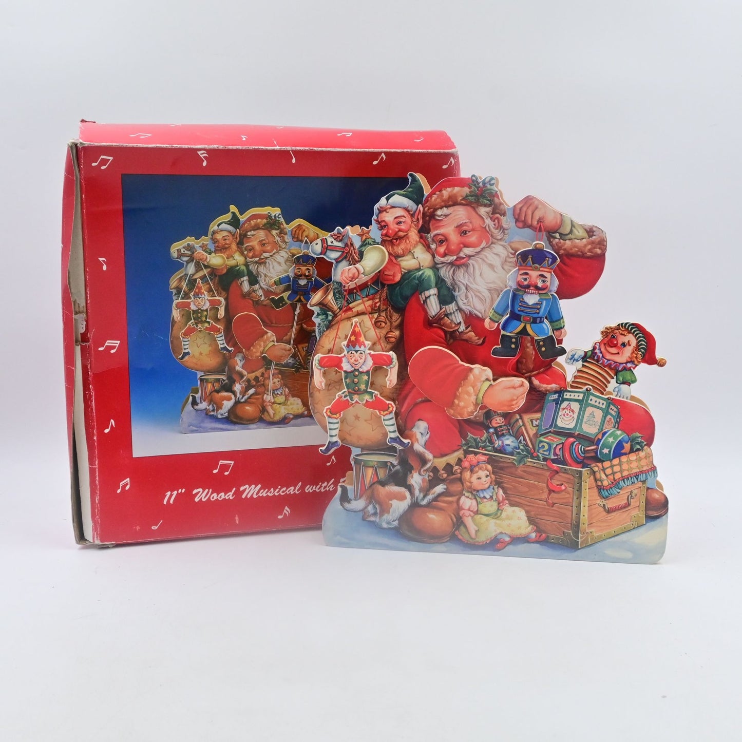 Wood Musical Santa Display with Motion Silver Bells Santa Elf Toys Vintage 11"