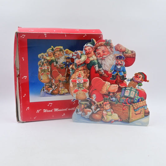 Wood Musical Santa Display with Motion Silver Bells Santa Elf Toys Vintage 11"
