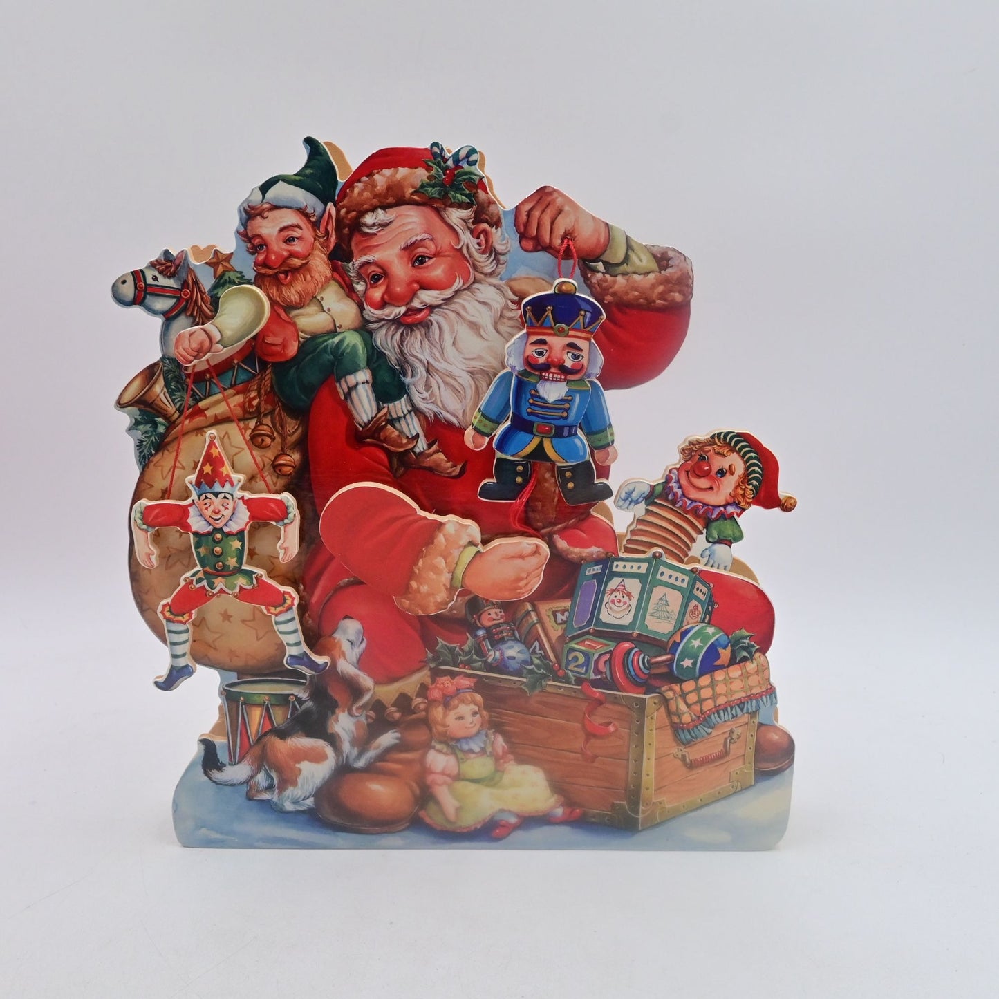 Wood Musical Santa Display with Motion Silver Bells Santa Elf Toys Vintage 11"