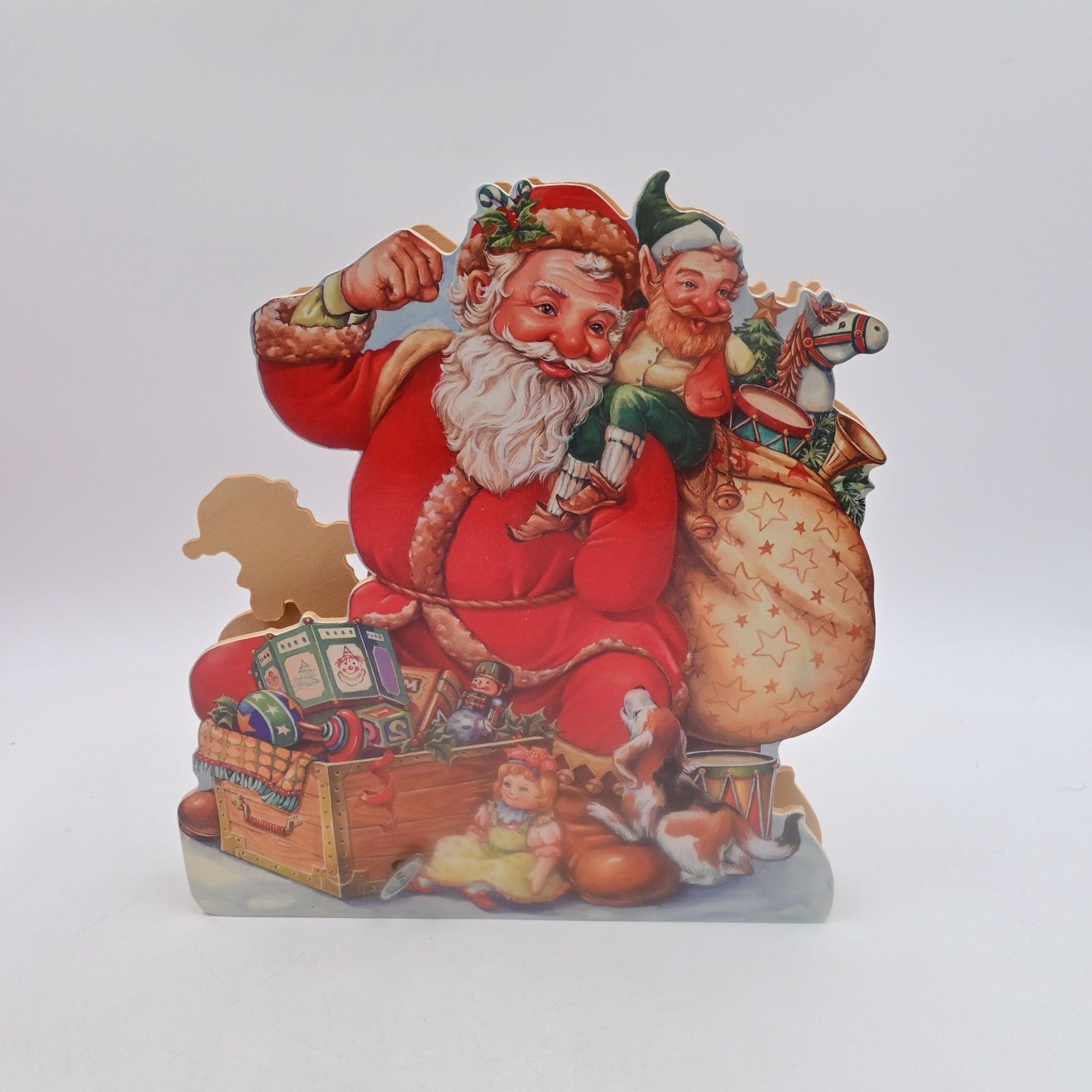 Wood Musical Santa Display with Motion Silver Bells Santa Elf Toys Vintage 11"