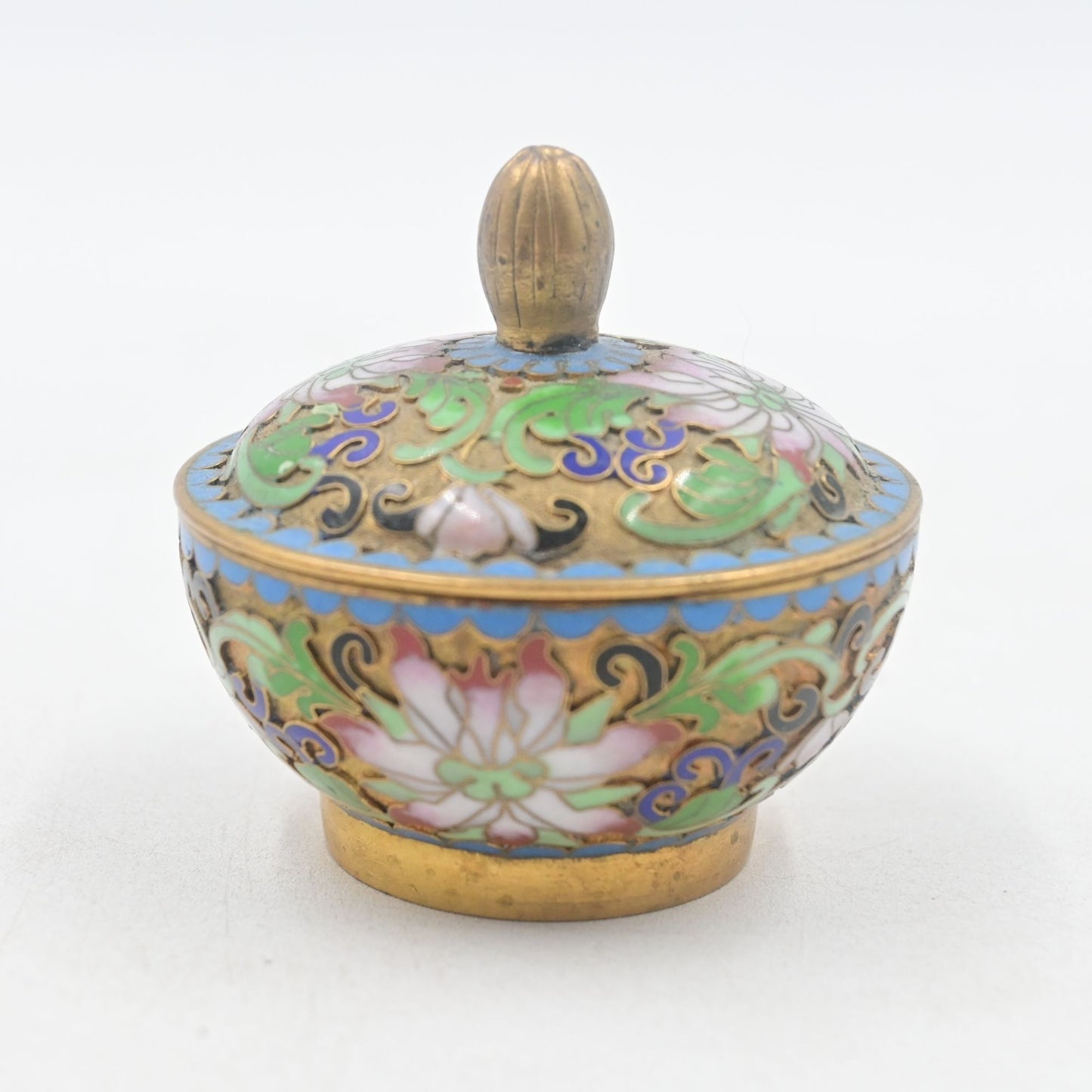 Cloisonné Floral Lidded Trinket Dish Box Vintage Miniature 3"