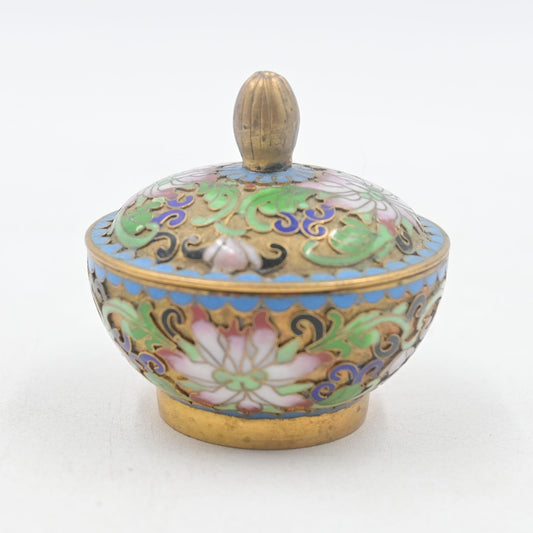 Cloisonné Floral Lidded Trinket Dish Box Vintage Miniature 3"
