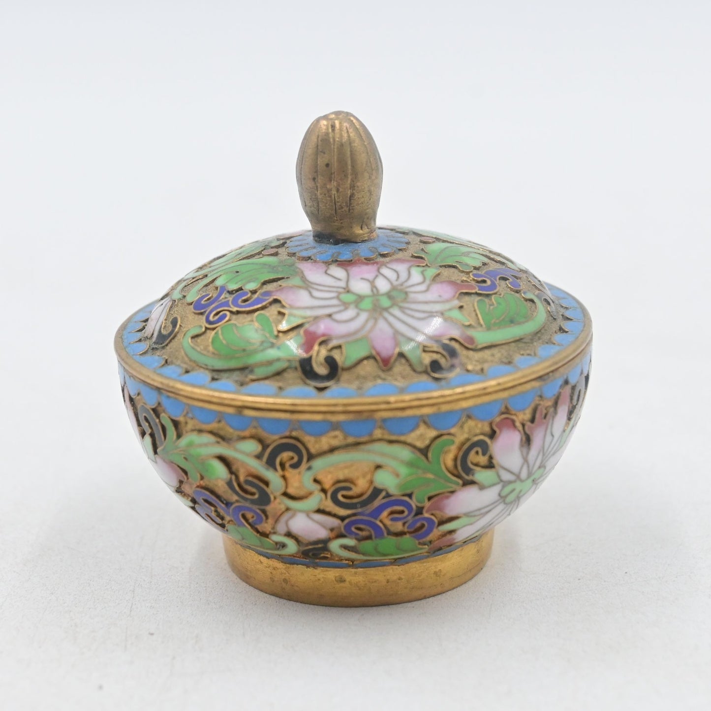 Cloisonné Floral Lidded Trinket Dish Box Vintage Miniature 3"
