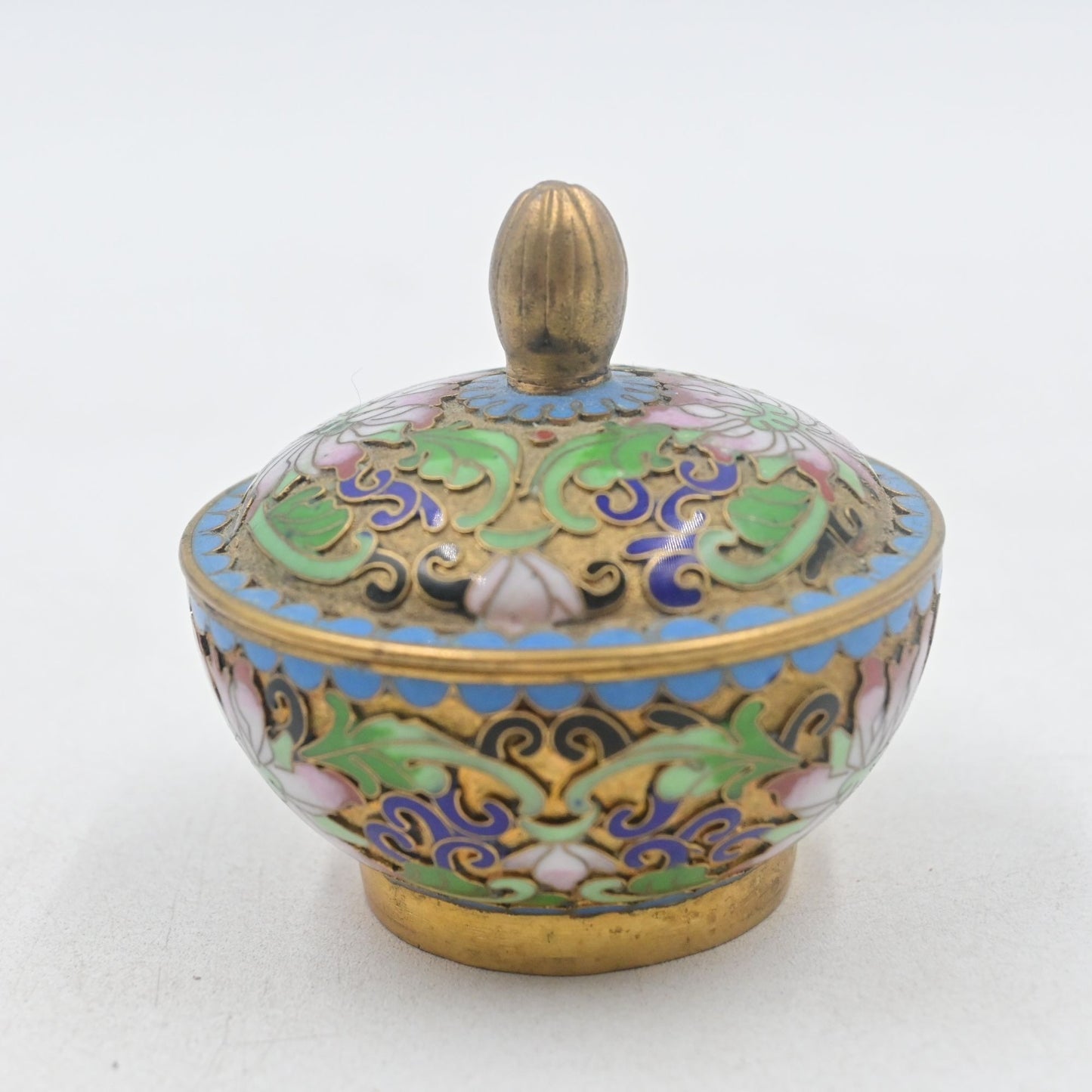 Cloisonné Floral Lidded Trinket Dish Box Vintage Miniature 3"