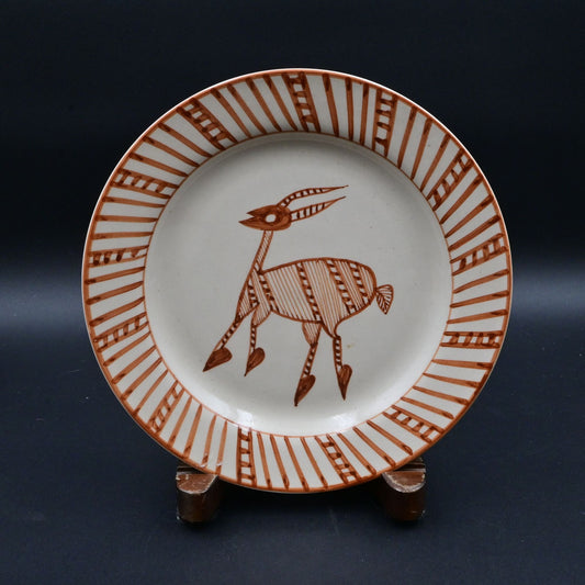 Wynne Noble Signed Pottery Large Dinner Plate Horned Antelope/Deer Rustic