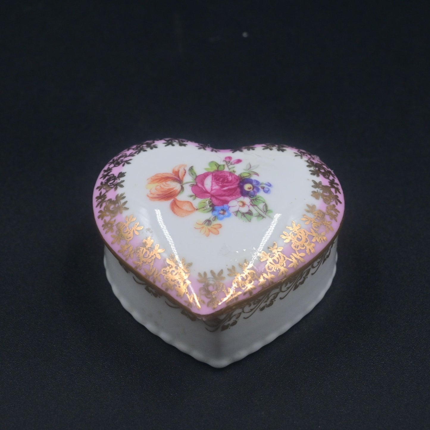 Dresden Pink Floral Heart Shaped Trinket Box