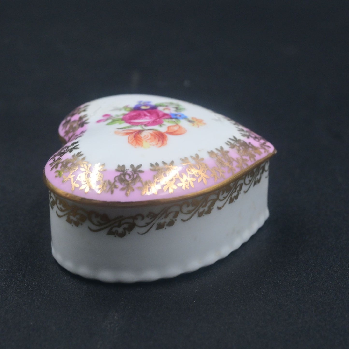 Dresden Pink Floral Heart Shaped Trinket Box