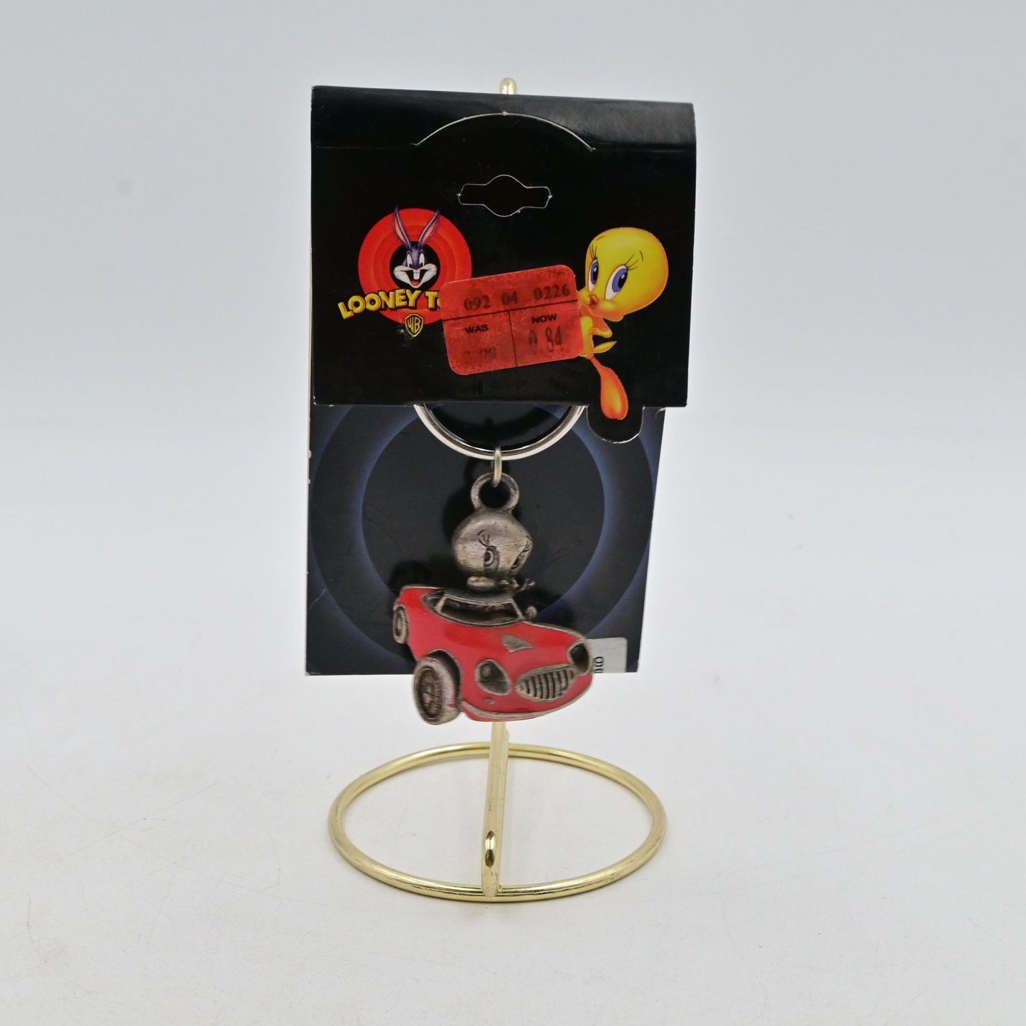 Vintage 1998 Tweety Bird Looney Tunes Pewter Keychain With Red Car