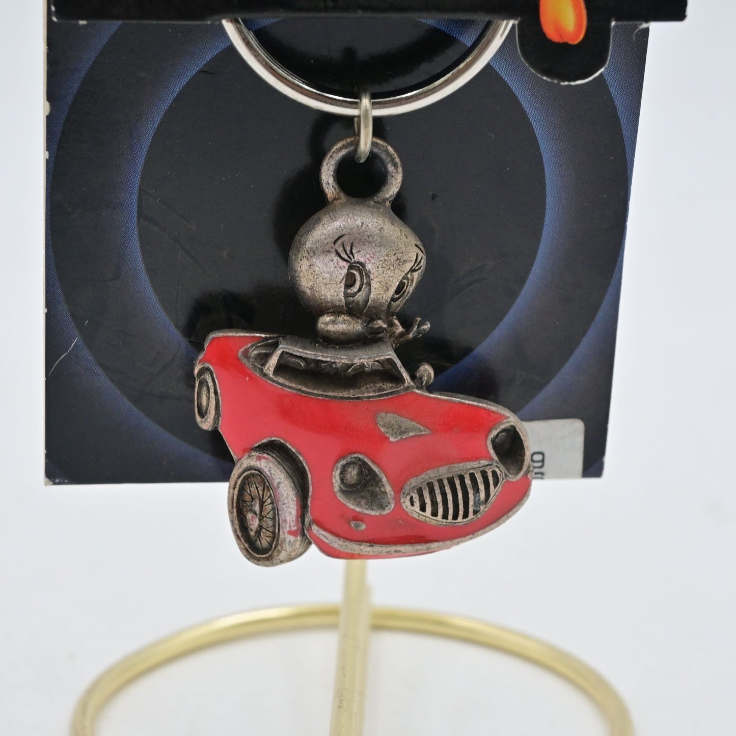 Vintage 1998 Tweety Bird Looney Tunes Pewter Keychain With Red Car