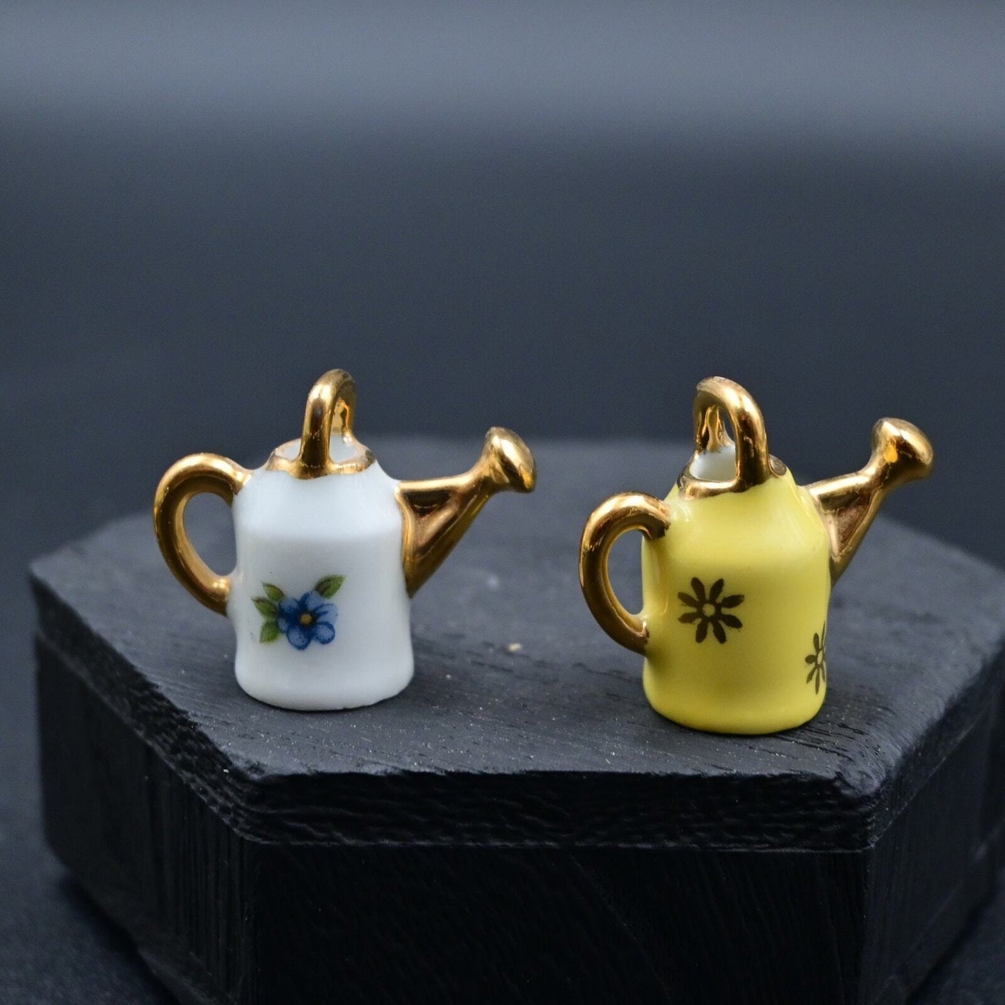 Vintage Limoges Watering Can Miniature Figure White & Yellow