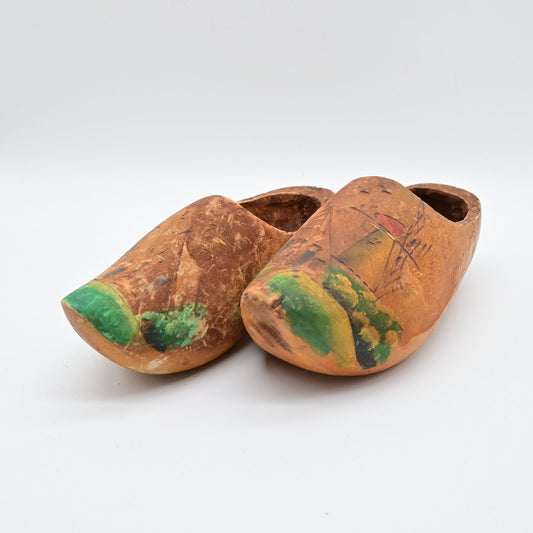 Vintage Decorative Dutch Wooden Clogs Hand-Painted Windmill & Landscape Design