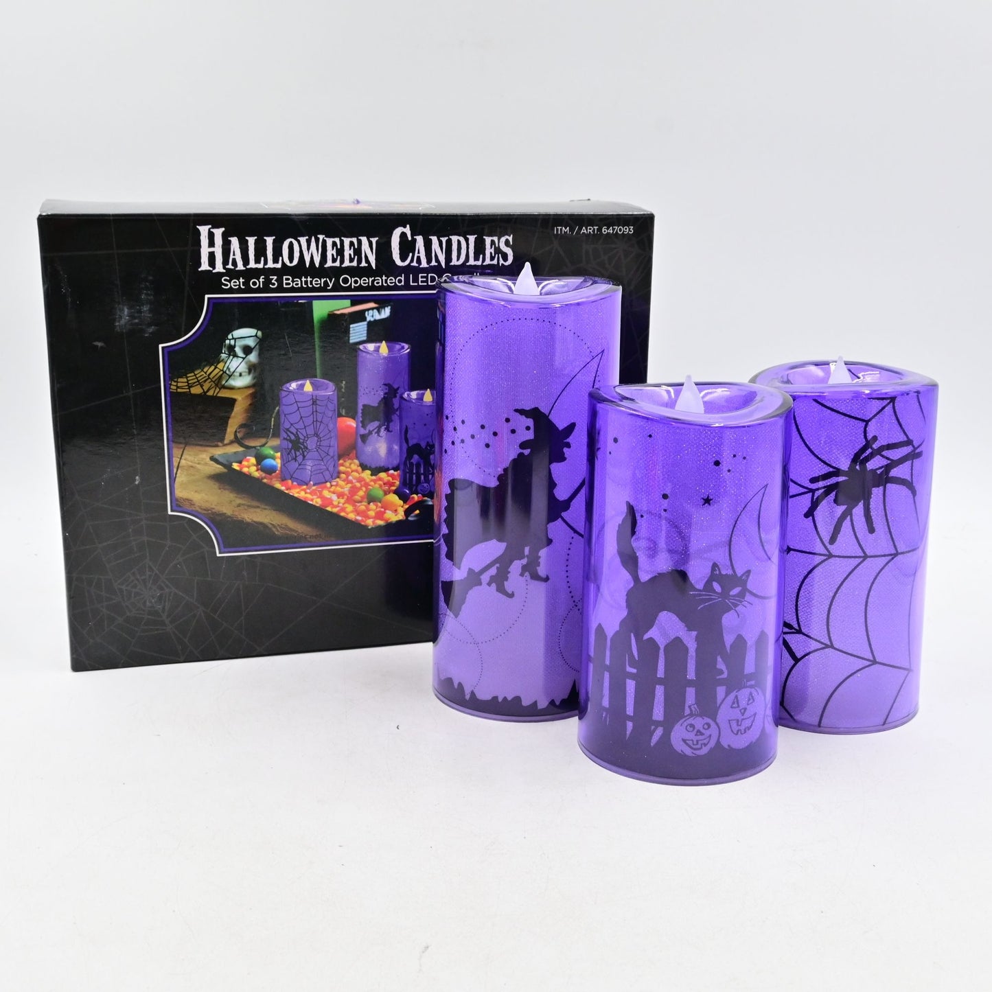 Halloween Candles Set Of 3 Battery Operated Purple LED Candles Witch Cat Bat