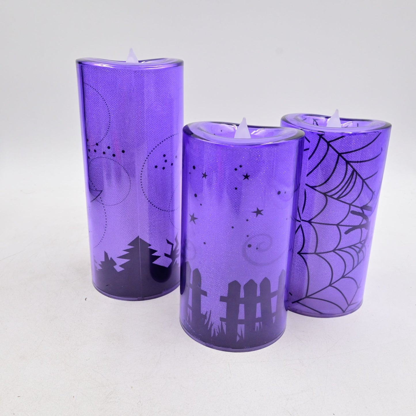 Halloween Candles Set Of 3 Battery Operated Purple LED Candles Witch Cat Bat
