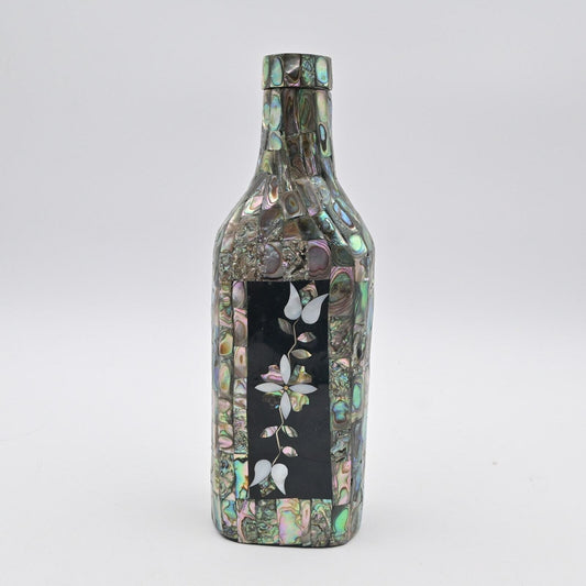 Mother Of Pearl Abalone Art Floral Decorated Vintage Bottle