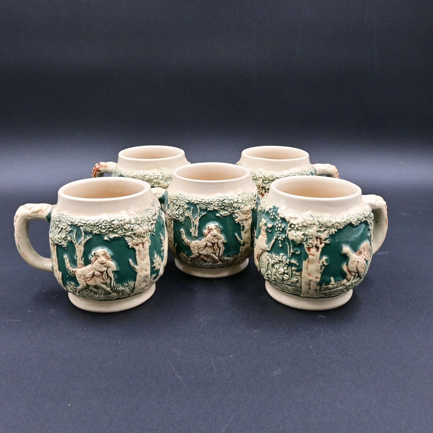 Gerzit West German Dog With Pheasants Coffee Stoneware Cups Vintage Mug Set Of 5