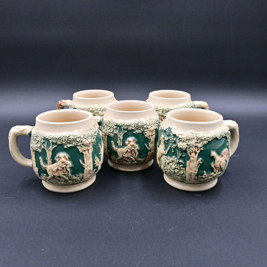 Gerzit West German Dog With Pheasants Coffee Stoneware Cups Vintage Mug Set Of 5