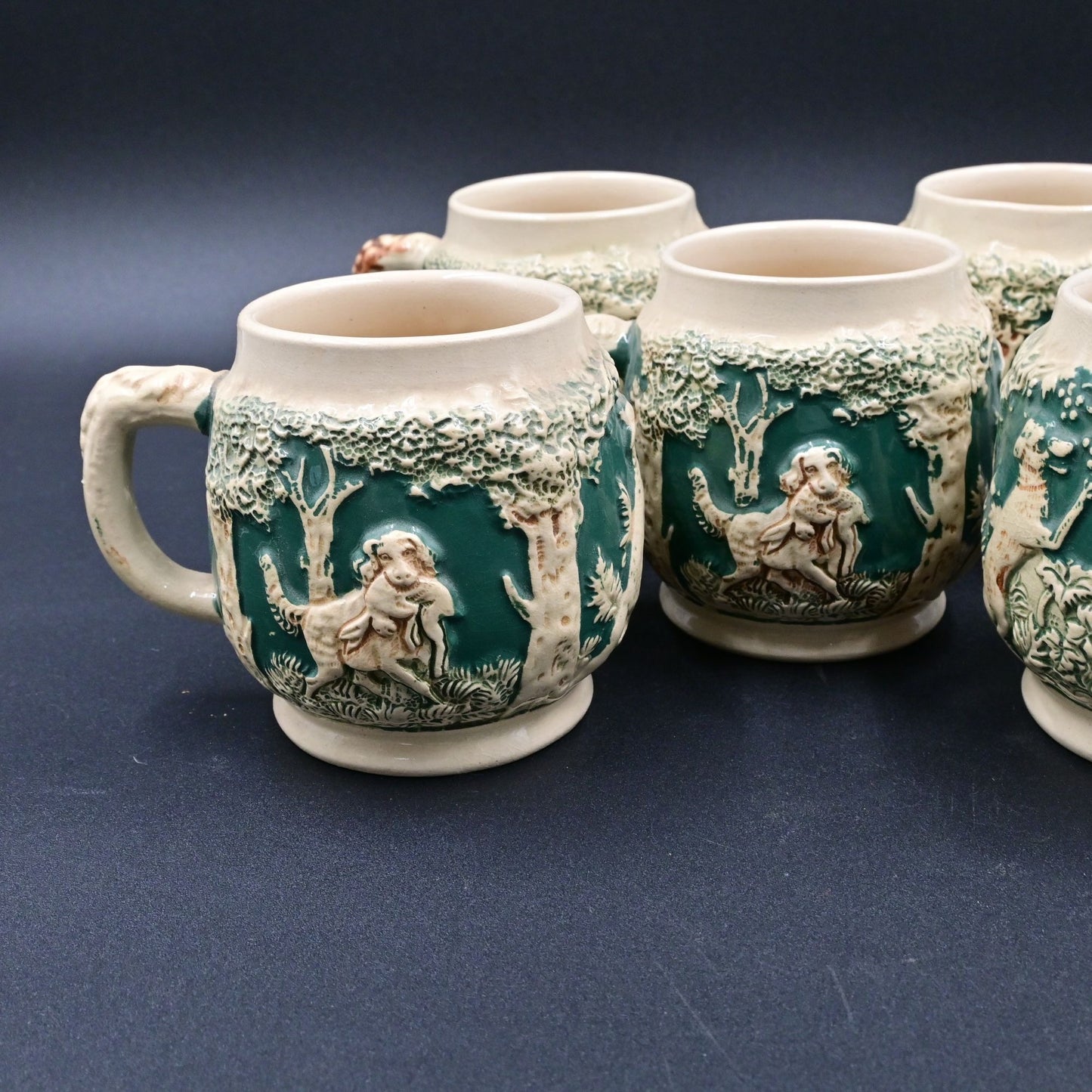 Gerzit West German Dog With Pheasants Coffee Stoneware Cups Vintage Mug Set Of 5