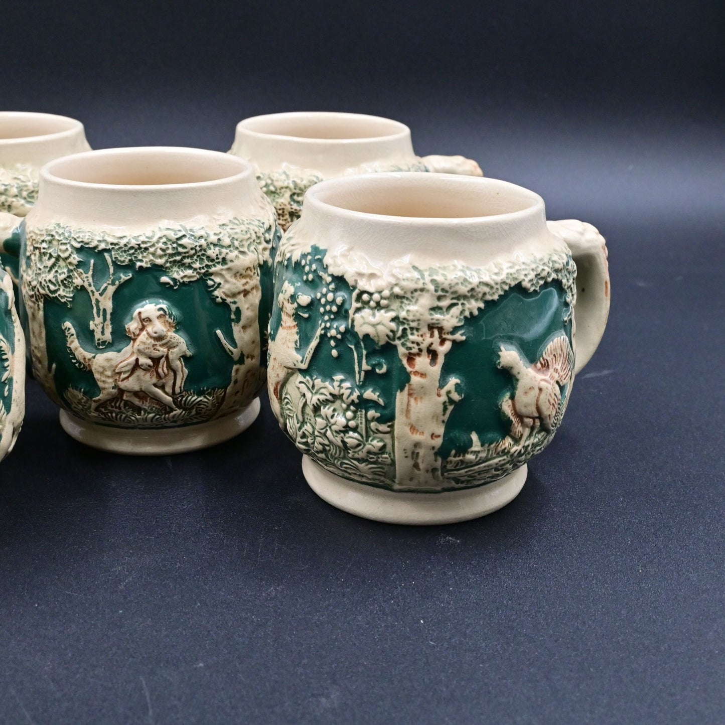Gerzit West German Dog With Pheasants Coffee Stoneware Cups Vintage Mug Set Of 5