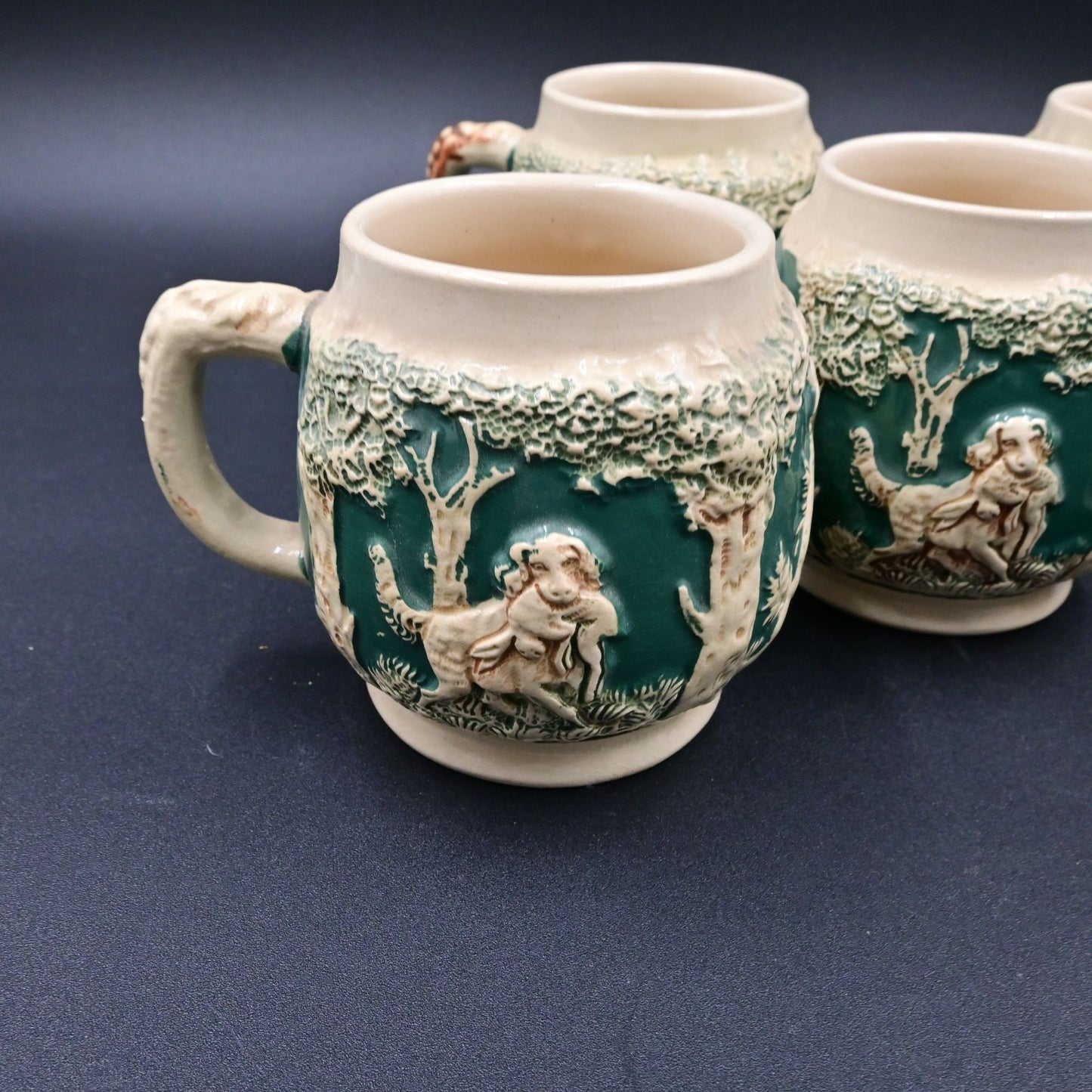 Gerzit West German Dog With Pheasants Coffee Stoneware Cups Vintage Mug Set Of 5